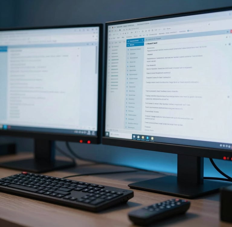 Close-up of a modern remote workspace setup with clean dual monitors displaying database metrics, soft blue ambient light