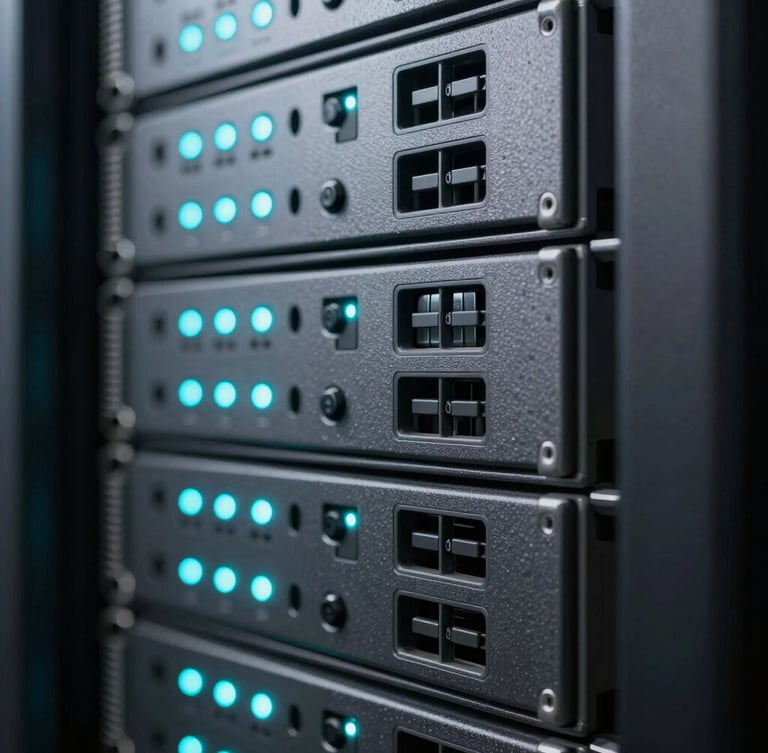 Macro shot of a secure server rack with glowing cyan status lights, cool-toned professional studio lighting, depth of field.