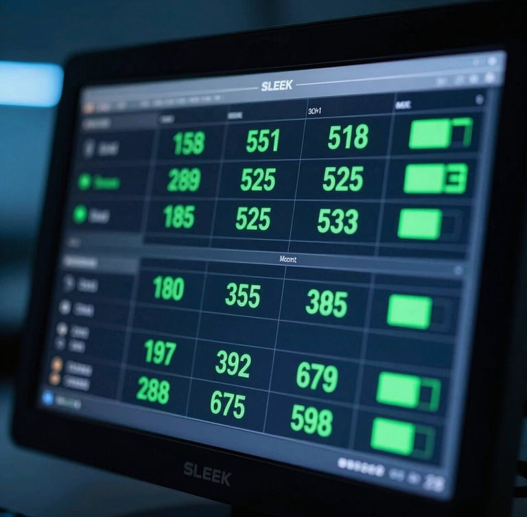 Sleek close-up of remote monitoring dashboard showing green uptime status indicators on a dark screen, cool blue ambient light