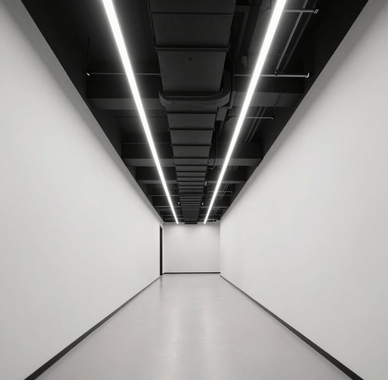 Symmetrical architectural shot of a clean, minimalist office corridor with exposed matte-black HVAC ducts and linear LED light strips running parallel, high contrast, clinical precision.