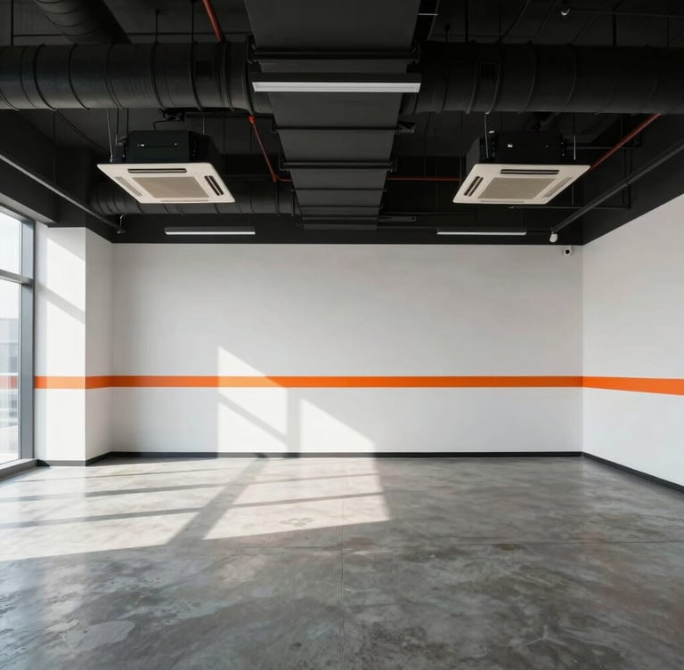 Symmetrical wide-angle shot of a pristine, newly commissioned corporate office interior, exposed black HVAC ducting on the ceiling, clean concrete floor, sharp safety orange accent line on the far wall, dramatic natural light.