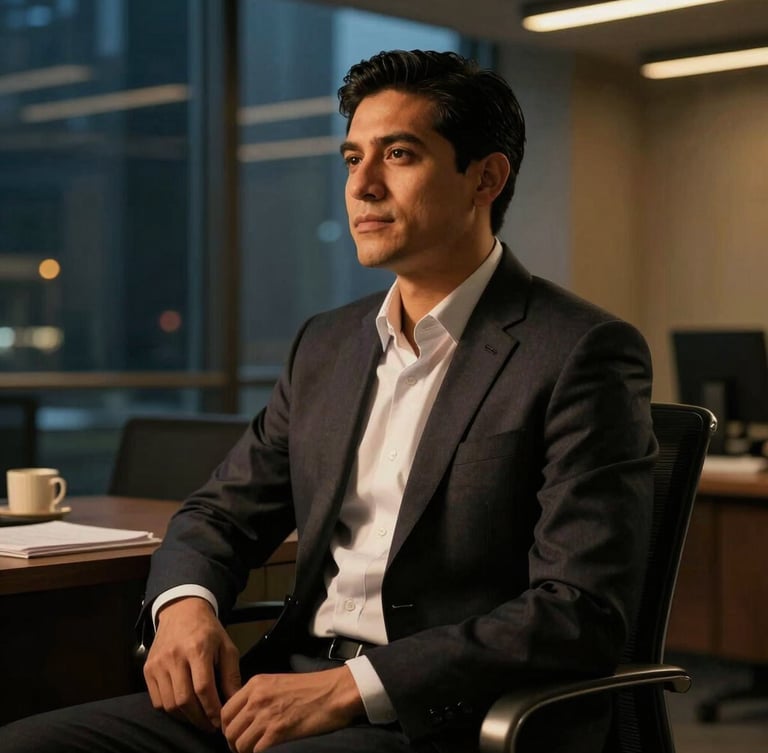 Portrait of a Hispanic financial consultant in a tailored dark suit, sitting in a modern high-rise office, dramatic side lighting, warm gold tones, editorial financial photography.