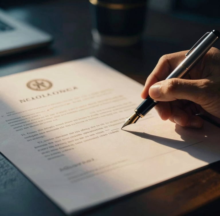 Macro shot of a fountain pen signing a corporate contract on high-quality paper, warm gold light reflecting off the desk, dark executive office setting.