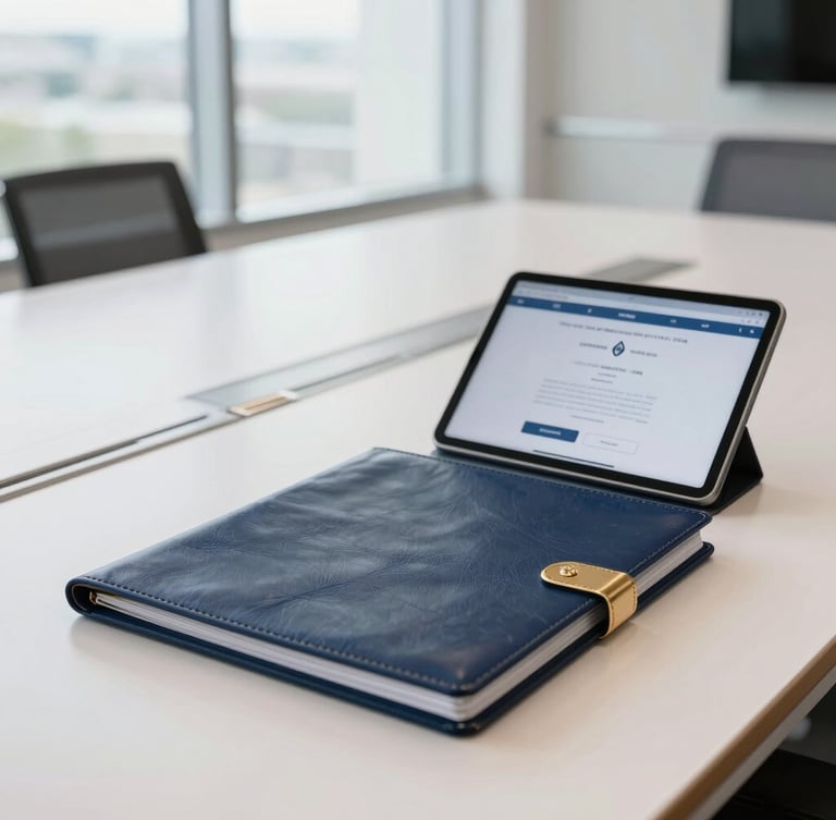A bright, clean modern conference room in Fort Worth, a leather-bound legal folder resting next to a sleek tablet displaying a digital signature interface, soft window daylight.
