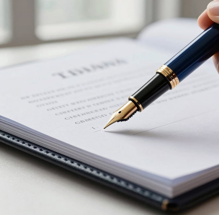 A close-up macro shot of an elegant fountain pen signing a legal document on a dark leather folder, soft window daylight, editorial corporate photography style.