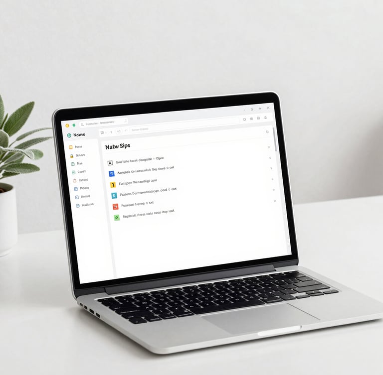 High-fidelity digital mockup of a Notion dashboard on a modern laptop, clean minimalist workspace with a sage plant, soft diffused daylight, angled desk shot, sharp focus on UI details.