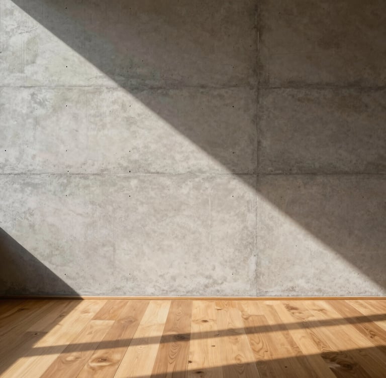 Flat-on architectural crop of a raw concrete wall meeting warm oak floorboards, hard afternoon sun casting a sharp diagonal shadow, unposed human scale, architectural monograph style.