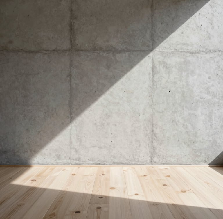A flat-on architectural crop of raw concrete walls meeting warm white oak floorboards, casting a sharp afternoon shadow at a 90-degree angle, unretouched natural light, minimalist composition.