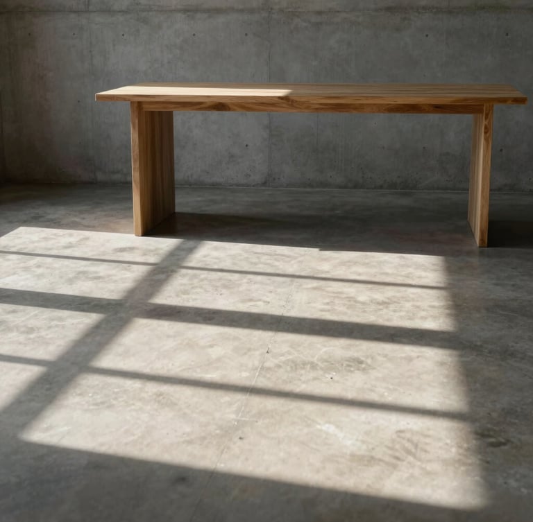 Flat-on architectural crop of a raw concrete studio interior, hard afternoon sunlight casting sharp geometric shadows across a polished concrete floor, minimalist timber desk in the background.