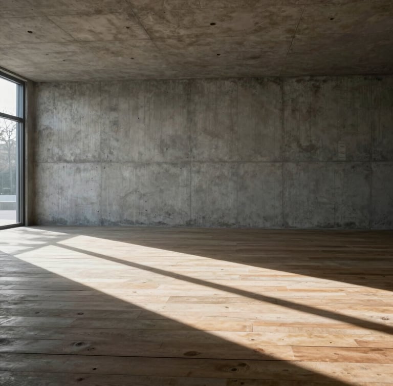 A stark concrete interior with hard afternoon sunlight casting sharp 90-degree shadows across a raw timber floor, uncropped architectural perspective, minimalist composition.