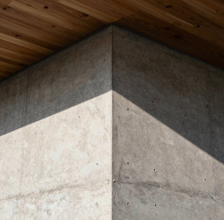 Tight architectural crop of concrete wall meeting raw timber ceiling, hard afternoon sunlight casting sharp 45-degree shadows, unretouched texture.