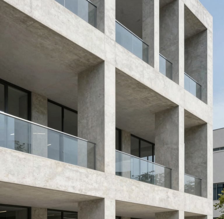 Architectural detail of a modern concrete building facade, sharp straight lines, bright natural daylight, high-end editorial 35mm