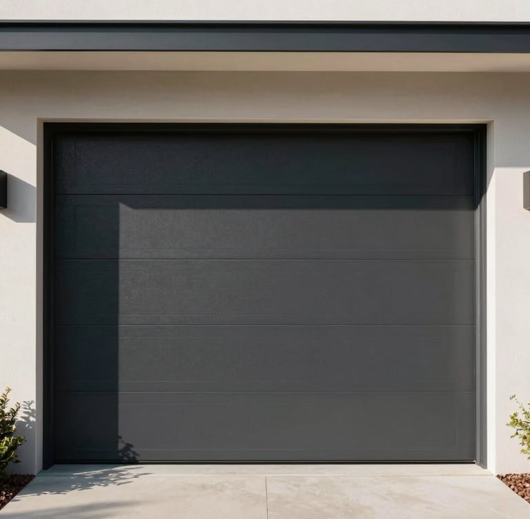 Straight-on architectural shot of a modern dark charcoal garage door integrated into a minimalist home facade, sharp natural daylight casting clean geometric shadows.