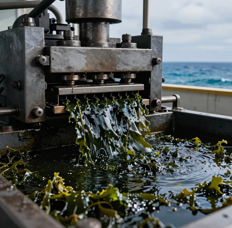 Industrial seaweed processing workshop, heavy steel pressing machinery extracting dark green concentrate, high-contrast dramatic lighting, macro depth of field