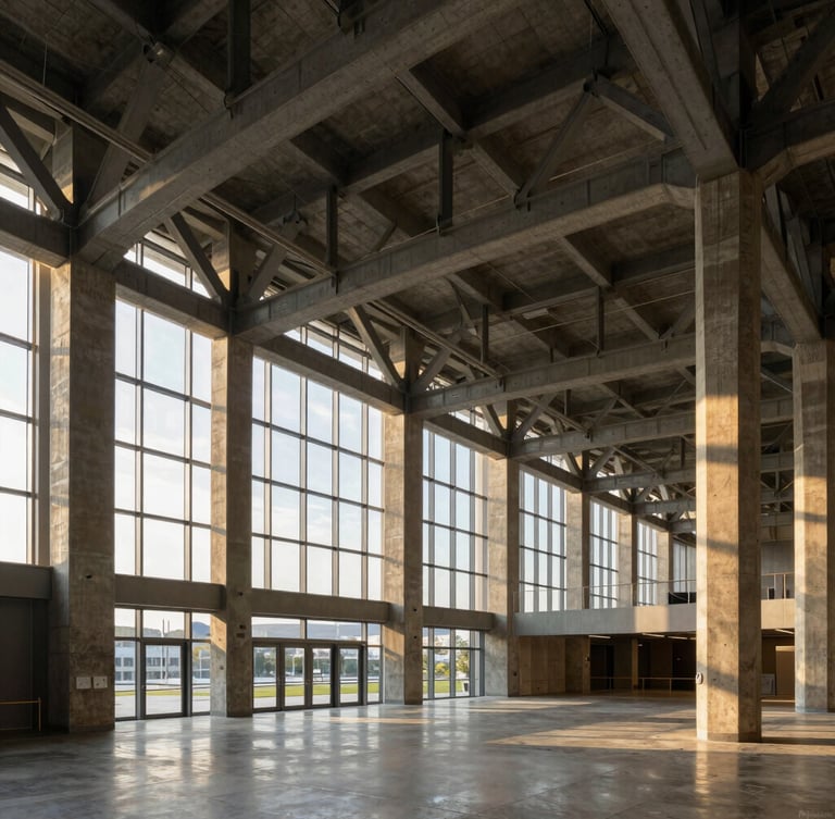 Wide environmental perspective of an architectural interior with exposed structural steel trusses and concrete columns, dramatic natural light streaming through high windows.