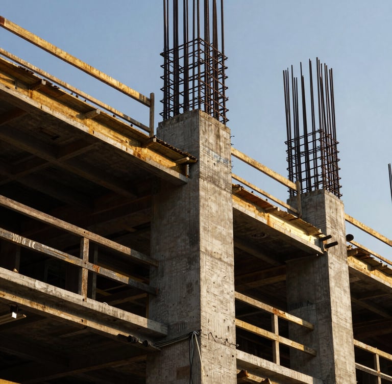 Dramatic close-up of structural steel joints and reinforced concrete pillars on an active high-end construction site, high-contrast editorial photography