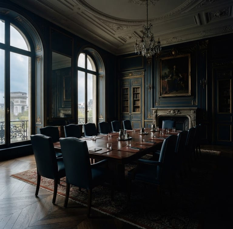 Cinematic wide angle of an empty high-end Parisian boardroom on the Champs-Élysées, dramatic chiaroscuro lighting filtering through tall historic windows, deep navy shadows and muted gold wooden panels, sober editorial photography, 35mm film.