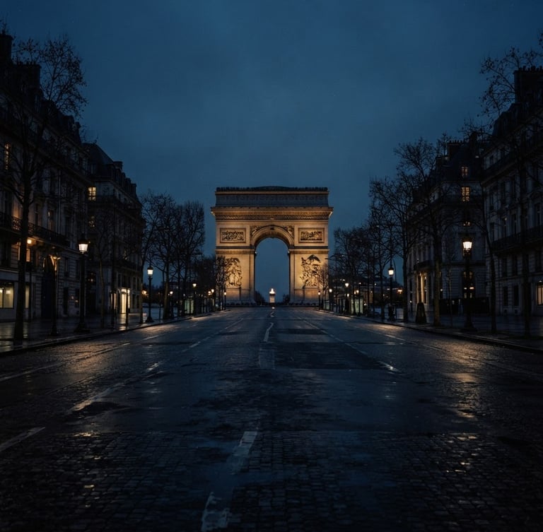 Sober editorial photography of the Avenue des Champs-Élysées at twilight, dramatic low-key lighting, deep navy and muted gold tones, cinematic 35mm film, looking up towards the Arc de Triomphe, empty street, absolute prestige.