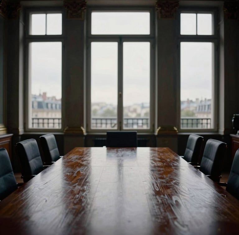 An empty high-end Parisian boardroom with tall windows, soft overcast daylight casting long shadows on a large mahogany table, sober editorial photography, cinematic 35mm film