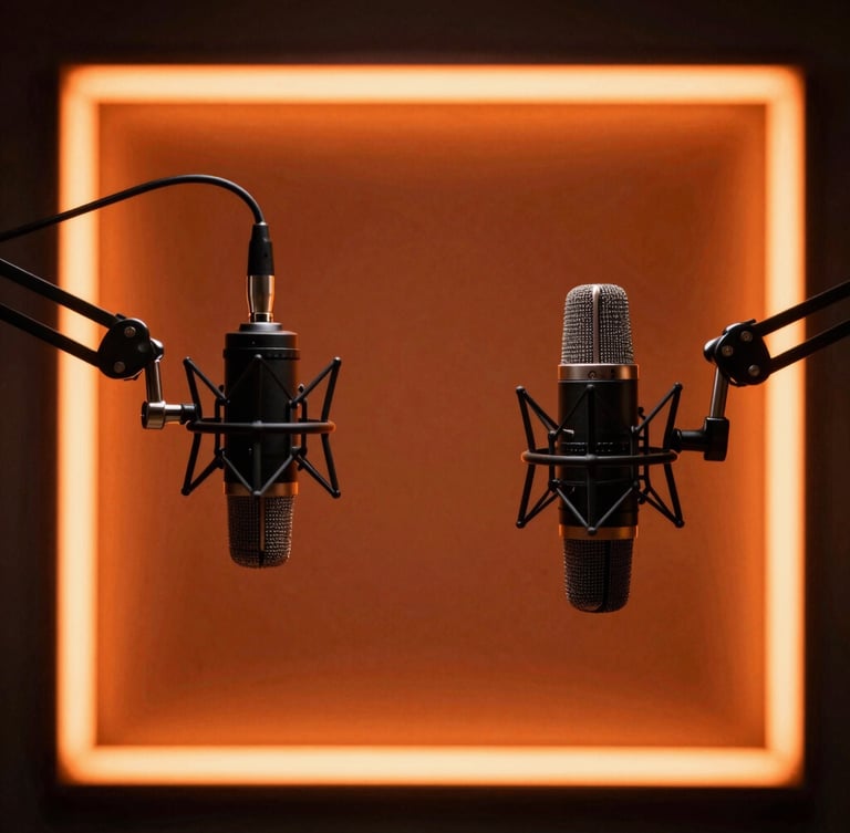 Behind-the-scenes of a moody podcast studio setup in Hyderabad, glowing orange neon backlighting, high-end microphones on arms, cinematic key lighting, 35mm lens