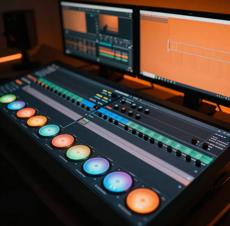 Close-up of a high-end video editing timeline on a dual-monitor setup, glowing color-grading wheels, dramatic orange ambient light, sharp focus.