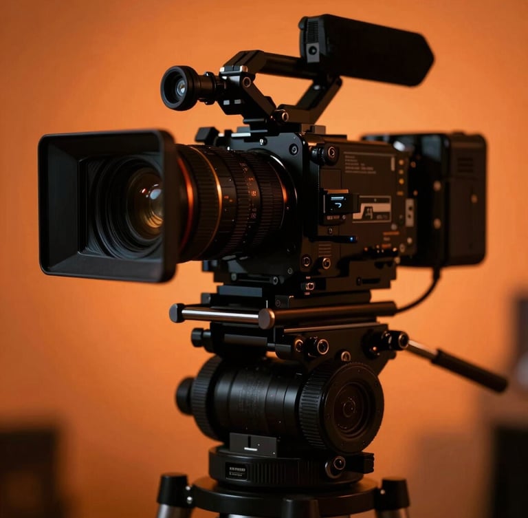 Cinematic close-up of a high-end cinema camera on a gimbal, moody orange backlighting, deep shadows, sharp focus, 35mm lens