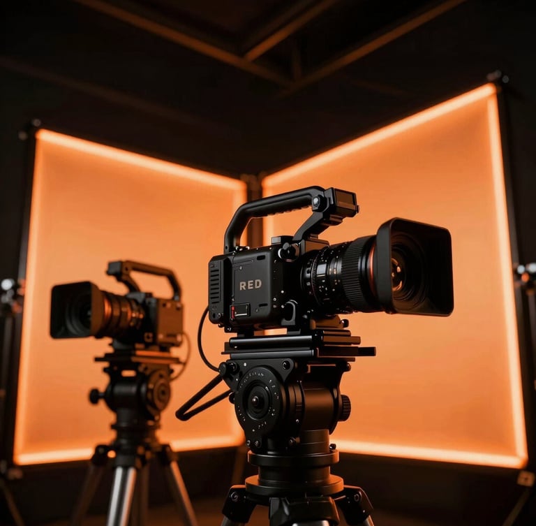 Low-angle cinematic shot of a modern production studio in Hyderabad, high-end RED cameras on gimbals, glowing orange neon backlighting, deep shadows, 35mm lens.