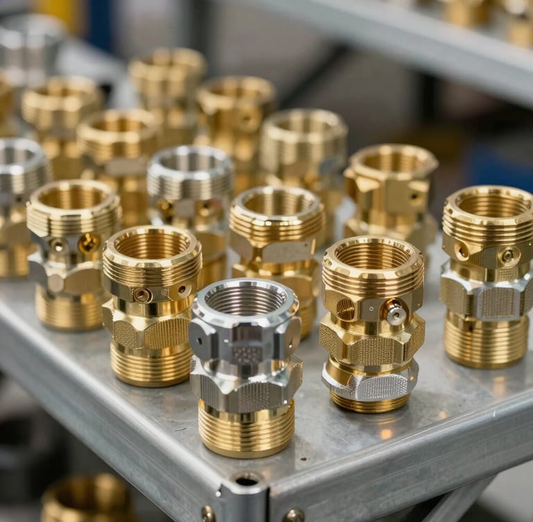 Close-up high-resolution shot of brass and aluminium camlock couplings arranged in clean rows on a metal warehouse shelf, bright industrial lighting.