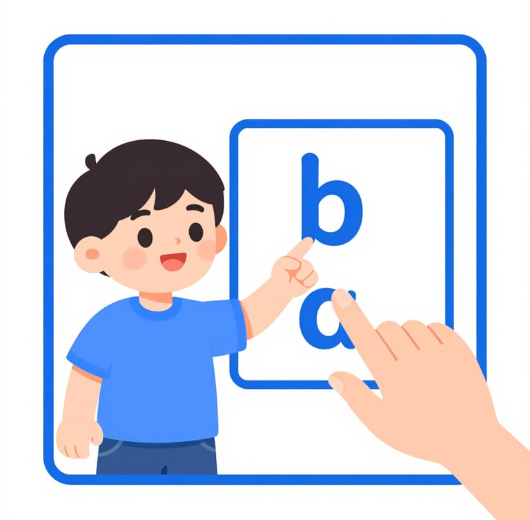 Portrait illustration of a child happily pointing to letters on a phonics card, with a teacher's hand gently guiding, clean and bright, systematic phonics elements visible.