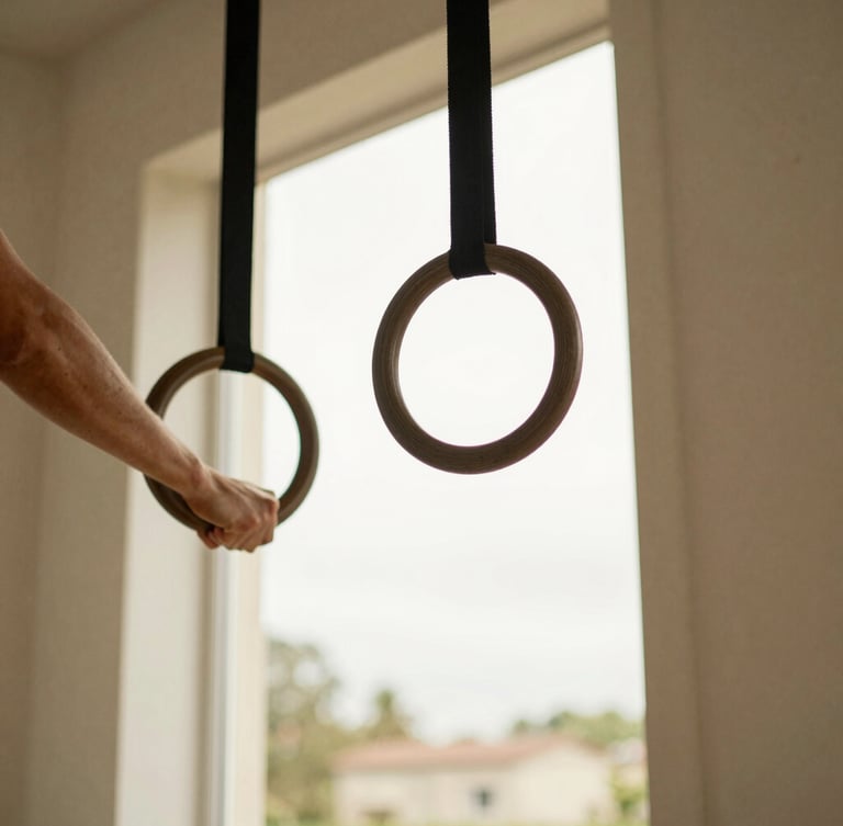 Close-up of hands gripping wooden calisthenics rings hanging in a domestic doorway, soft overcast daylight, natural fitness photography.