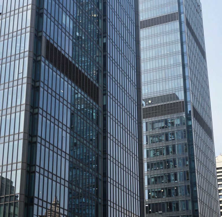 Sharp architectural crop of modern glass financial towers in Bengaluru, crisp cool daylight, clean glass reflections, deep navy and slate tones, 35mm.