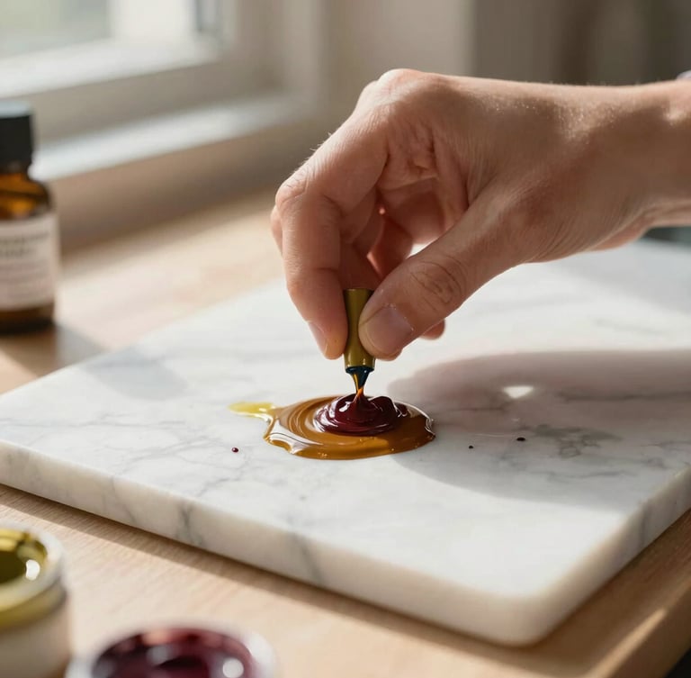Close-up of artist hands mixing raw lapis and sienna pigments with oil on a marble slab, soft directional north daylight, shallow depth of field