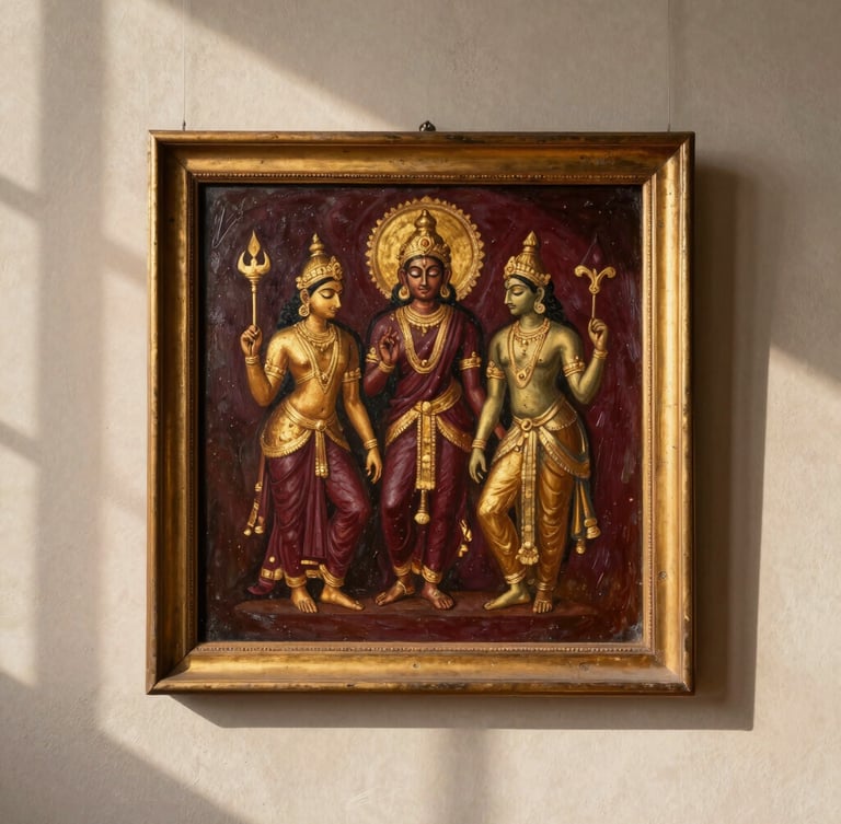 A straight-on museum-style framed oil painting of classical Indian mythology, hanging on a textured parchment wall under soft directional daylight, showing rich gold leaf details and deep maroon brushstrokes.