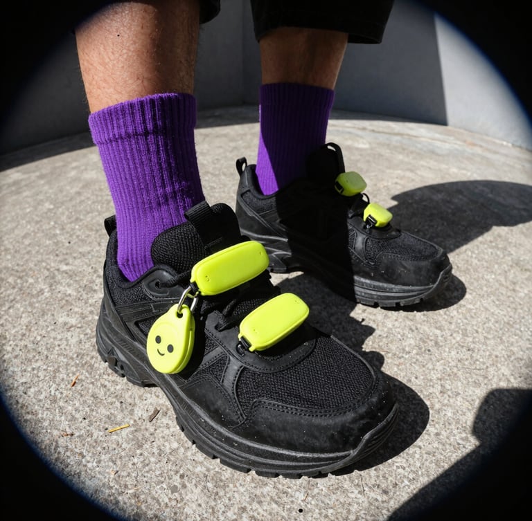 Extreme close-up of chunky black sneakers with vibrant purple socks and stacked lime yellow shoe charms on concrete, harsh direct sunlight with sharp dramatic shadows, raw urban aesthetic, wide-angle lens.