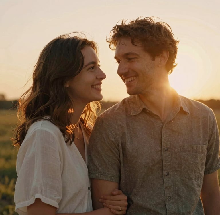 Candid portrait of a couple leaning against each other under a warm golden sunset, genuine smiles, authentic interaction, 35mm film aesthetic