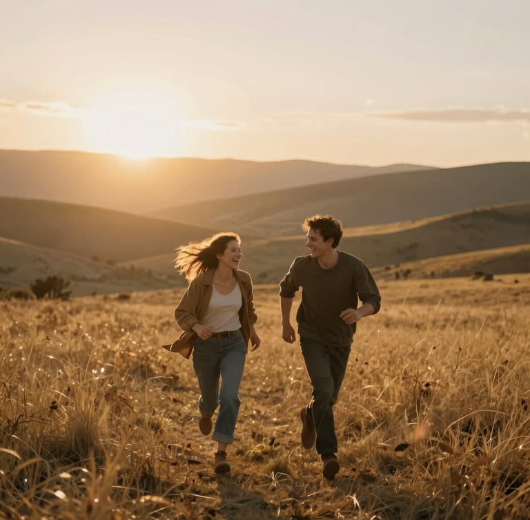 Candid wide shot of a couple running through a golden valley at sunset, laughing, wind-blown hair, warm sun flares, 35mm film aesthetic