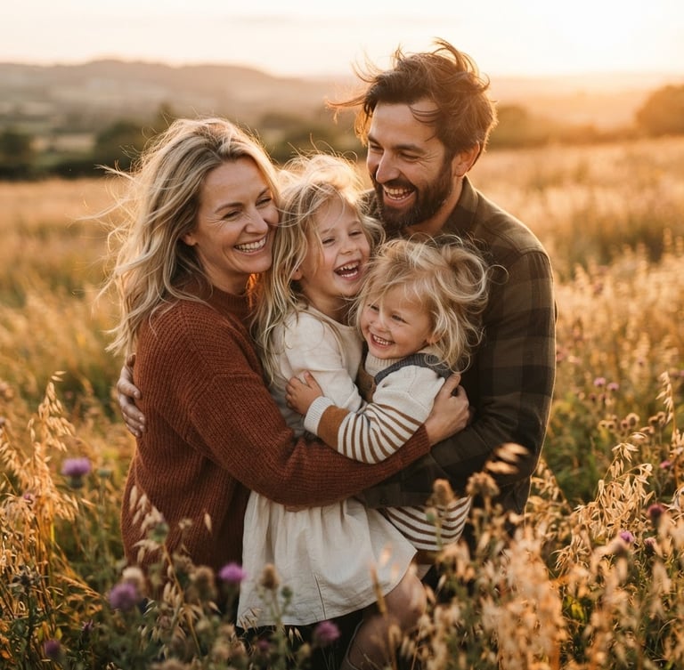 Close-up of a candid family hug in a warm sun-drenched field at golden hour, wind-blown hair, authentic smiles, 35mm film aesthetic