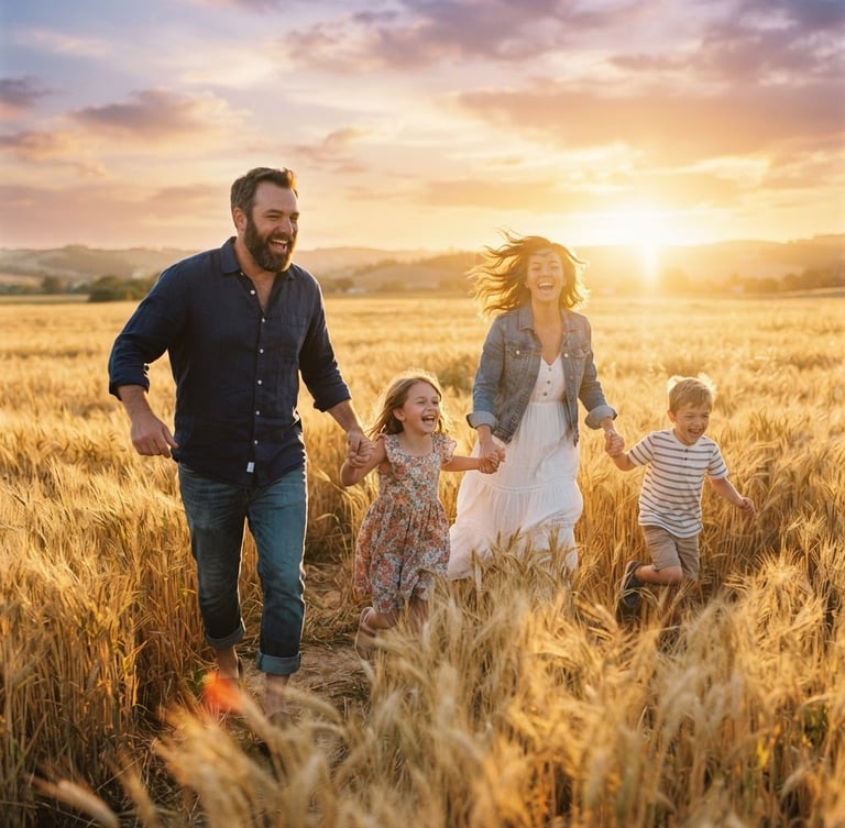 Cinematic wide shot of a family of four running through a golden California wheat field at sunset, backlit warm flares, candid laughter, 35mm film aesthetic