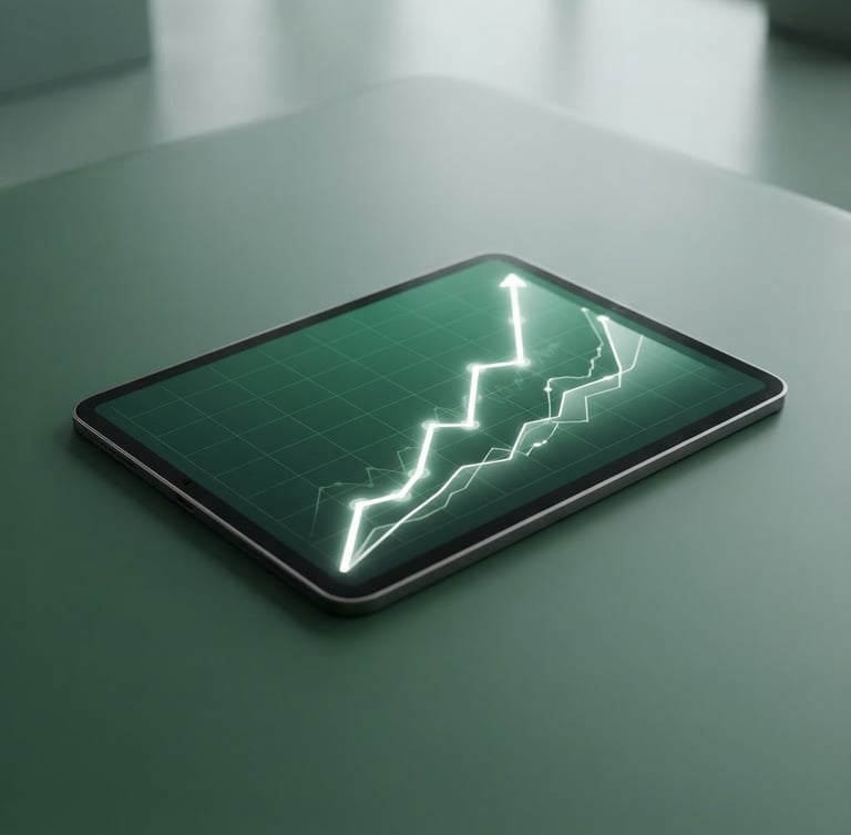Clean minimalist 3D render of a high-contrast digital tablet displaying a rising portfolio graph, soft studio lighting, deep green and white palette, sharp focus, high-end fintech aesthetic