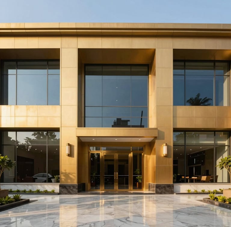 Symmetrical straight-on architectural photograph of a premium corporate office lobby in Gurgaon, warm gold accents, clean polished marble floor