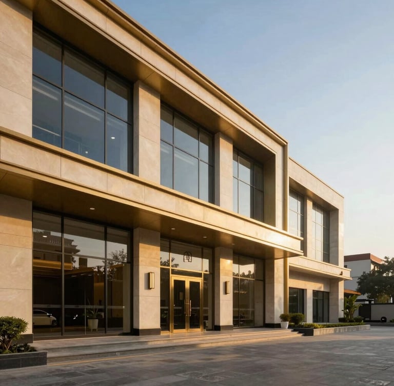 Wide-angle architectural photography of a premium commercial lobby in Gurgaon, warm champagne gold accents, clean structured lines