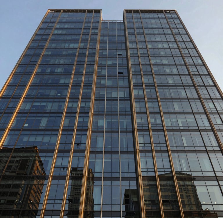 Symmetrical wide-angle architectural photograph of a modern glass office tower facade in Gurgaon, crisp golden-hour sunlight reflecting off clean glass panels, deep navy shadows, premium corporate aesthetic