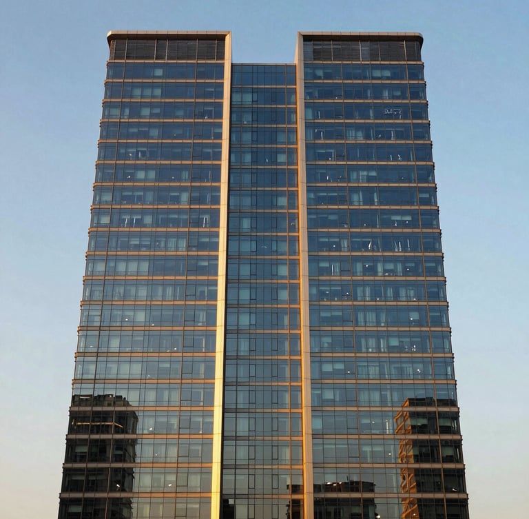 Symmetrical modern office tower facade in Gurgaon, clean glass reflections, sharp golden-hour sunlight, premium architectural photography