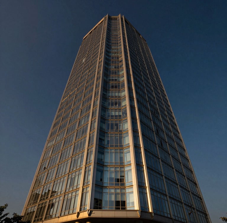 Symmetrical wide-angle architectural photograph of a modern glass high-rise office tower in Gurgaon, captured during golden hour with warm sunlight reflecting off the facade, deep navy sky background.