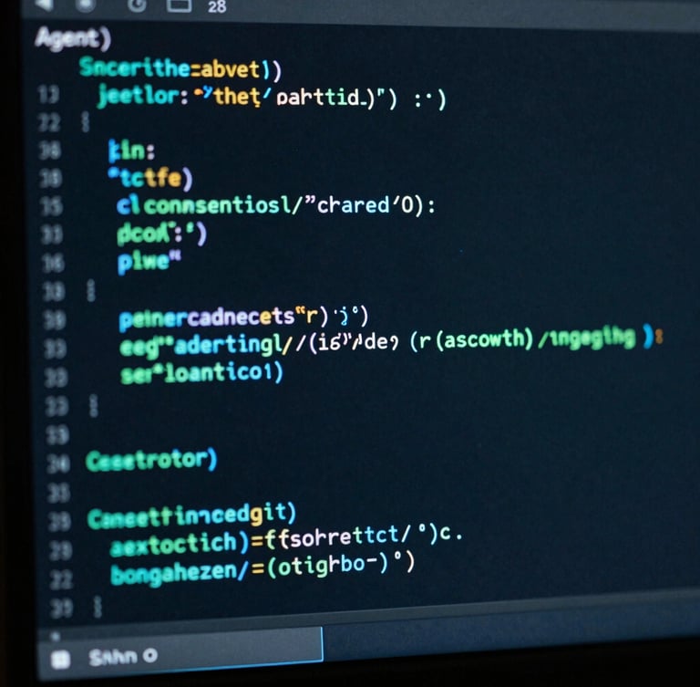 Macro shot of clean SQL code on a high-resolution dark monitor screen, neon mint and cyan syntax highlighting, moody ambient workspace lighting, 35mm lens