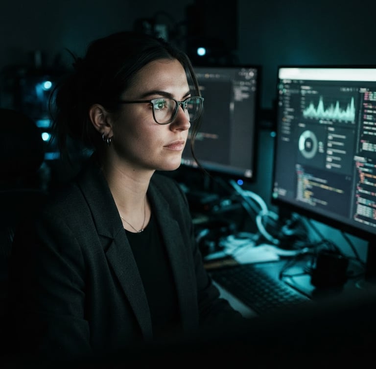 Professional headshot of a data analyst, focused, looking slightly off-camera, in a dark workspace with subtle neon-mint monitor glow, high-contrast, moody tech photography, 35mm lens.