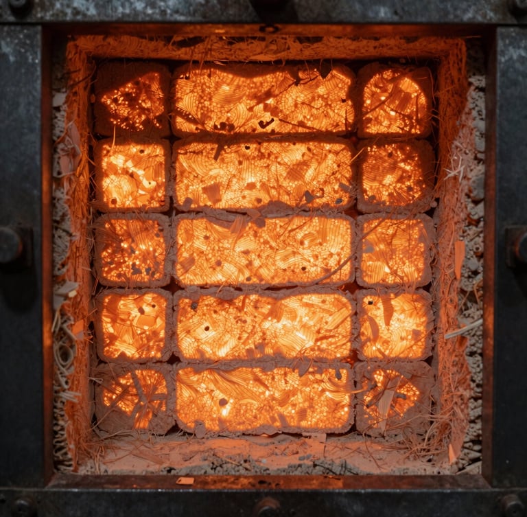Macro close-up of high-density ceramic fiber refractory lining inside an industrial furnace, glowing orange thermal light reflecting off textured insulation blocks, dark steel frame.