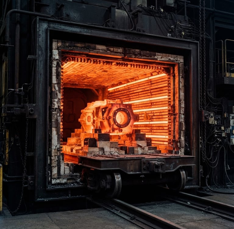 Dramatic high-contrast industrial photography of a massive car-bottom heat treatment furnace chamber with glowing orange heating elements, dark steel frame, sharp focus.