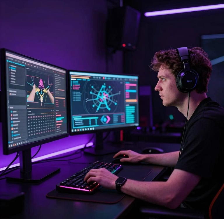 Dramatic low-key shot of an esports coach analyzing glowing tactical data screens in a dark room with violet rim light