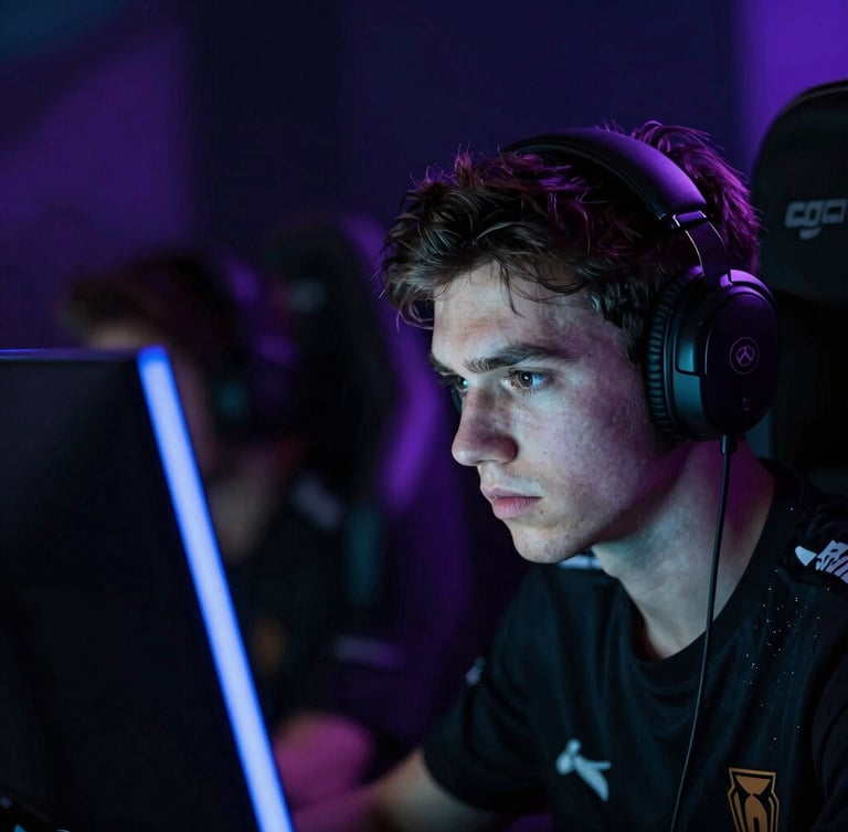Dramatic close-up portrait of an esports player looking intensely at a glowing monitor, sharp neon cyan and violet rim lighting, deep obsidian shadows, high-contrast digital arena atmosphere.